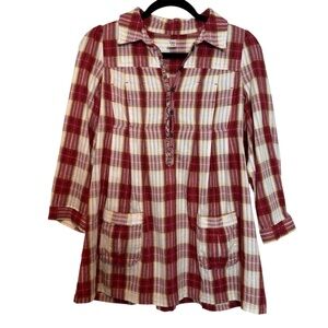 Free People Plaid Cotton Tunic Top Red White Size 6 Boho Cottagecore Folk